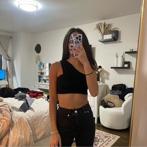 Superdown black one shoulder crop top